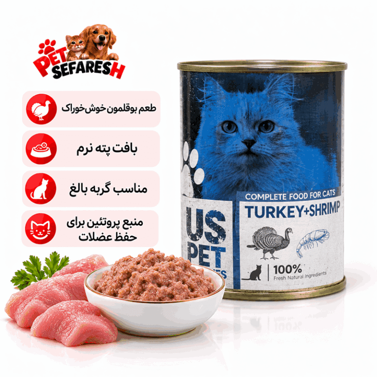 تصویر محصول کنسرو گربه یو اس پت وارداتی طعم بوقلمون و میگو پته‌ای وزن ۴۰۰ گرم با بسته‌بندی اصلی، مناسب معرفی غذای مرطوب گربه در فروشگاه اینترنتی پت سفارش.