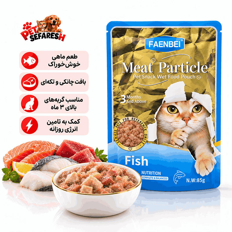 تصویر محصول پوچ چانکی گربه فنبی با طعم ماهی وزن ۸۵ گرم، غذای مرطوب تکه‌ای و خوش‌خوراک مناسب گربه‌ها.