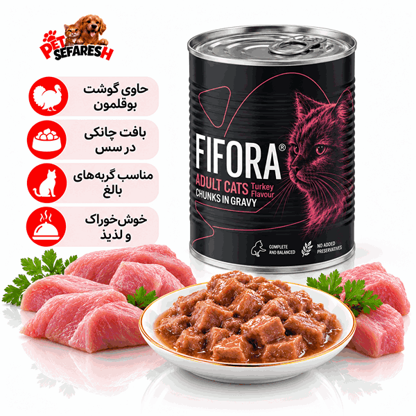 تصویر کنسرو غذای گربه فیفورا چانکی با طعم بوقلمون در سس و وزن ۴۰۰ گرم؛ غذای مرطوب با بافت تکه‌ای برای تنوع در وعده‌های غذایی گربه.