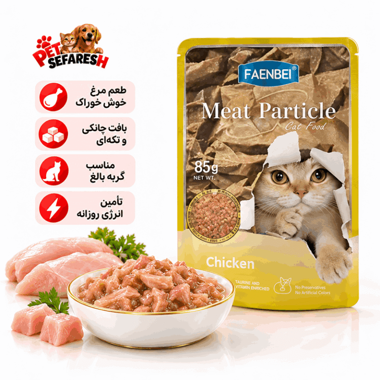 تصویر محصول پوچ چانکی گربه فنبی با طعم مرغ وزن ۸۵ گرم، غذای مرطوب تکه‌ای و خوش‌خوراک مناسب گربه‌ها.