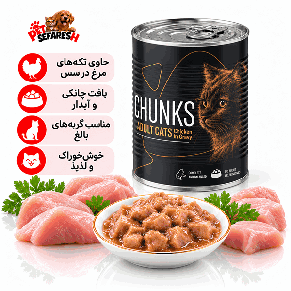 تصویر کنسرو غذای گربه فیفورا چانکی با طعم مرغ در سس و وزن ۴۰۰ گرم؛ غذای مرطوب با بافت تکه‌ای برای تنوع در وعده‌های غذایی گربه.