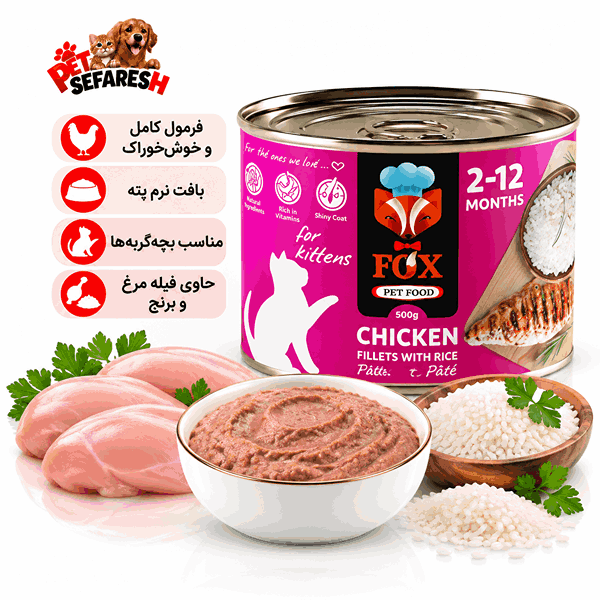 کنسرو بچه گربه فاکس کیتن FOX Kitten طعم فیله مرغ و برنج ۵۰۰ گرم