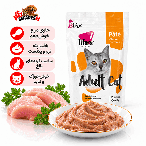 تصویر پوچ غذای گربه بالغ فیفورا با طعم مرغ و وزن ۸۵ گرم؛ غذای مرطوب گربه در بسته‌بندی کوچک برای تنوع در وعده‌های غذایی.