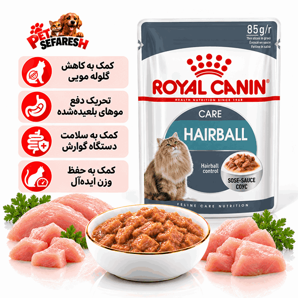 تصویر پوچ گربه رویال کنین مدل Hairball Care با وزن ۸۵ گرم؛ غذای مرطوب کامل گربه بالغ با فرمول حاوی فیبرهای غذایی برای کمک به عبور طبیعی موهای بلعیده‌شده از دستگاه گوارش و پشتیبانی از حفظ وزن ایده‌آل.