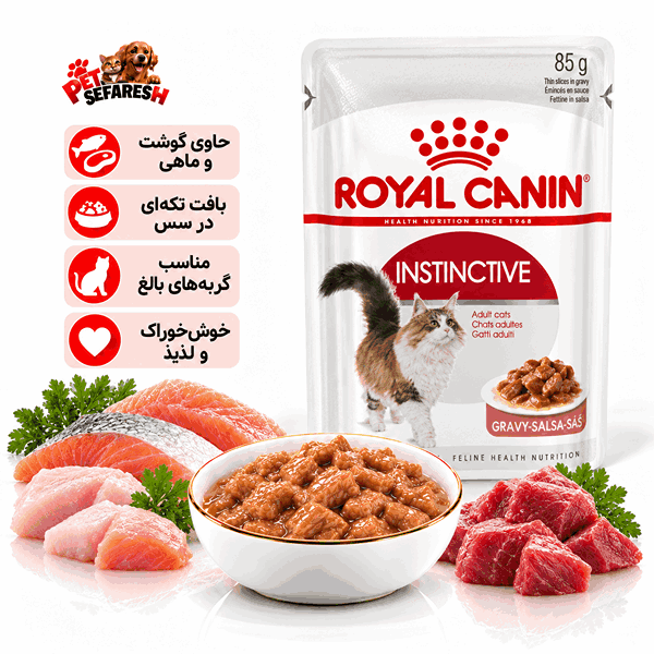 تصویر پوچ گربه اینستینکتیو رویال کنین ۸۵ گرمی؛ غذای مرطوب کامل برای گربه‌های بالغ با پروفایل تغذیه‌ای متناسب با ترجیحات طبیعی، کمک به حفظ وزن ایده‌آل و پشتیبانی از سلامت دستگاه ادراری.