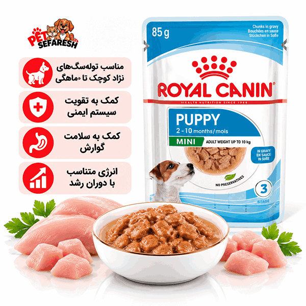 تصویر پوچ سگ رویال کنین مدل Mini Puppy با وزن ۸۵ گرم؛ غذای مرطوب کامل برای توله‌سگ‌های نژاد کوچک با وزن بالغ مورد انتظار ۱ تا ۱۰ کیلوگرم، طراحی‌شده برای پشتیبانی از سیستم ایمنی، سلامت دستگاه گوارش و تأمین انرژی دوران رشد.