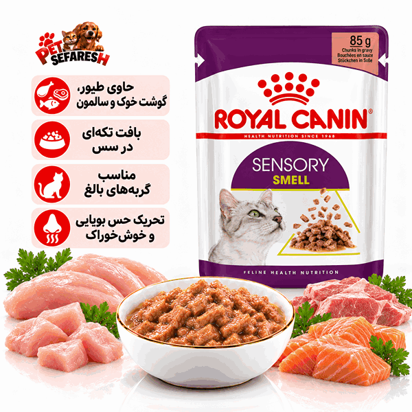 پوچ گربه سنسوری اسمل رویال کنین ۸۵ گرمی غذای مرطوب تکه‌ای در سس