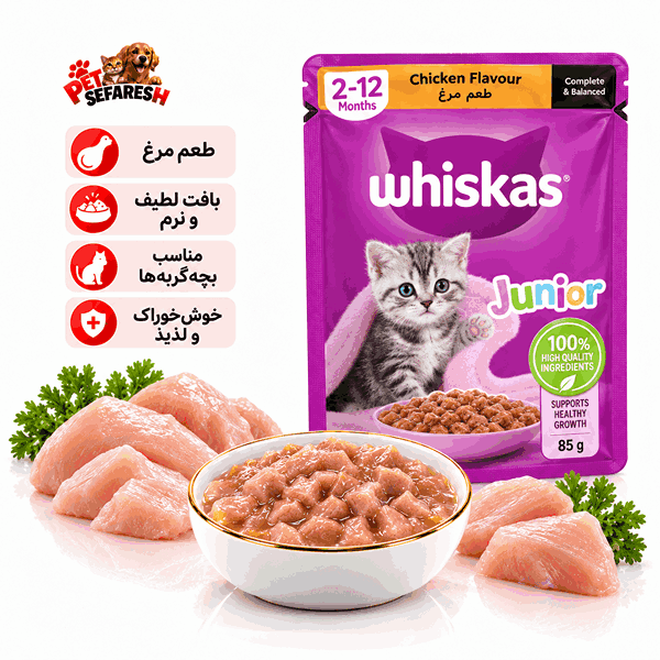 تصویر محصول پوچ بچه گربه ویسکاس مدل مرغ وزن ۷۵ گرم، غذای مرطوب خوش‌خوراک مخصوص بچه گربه‌ها.